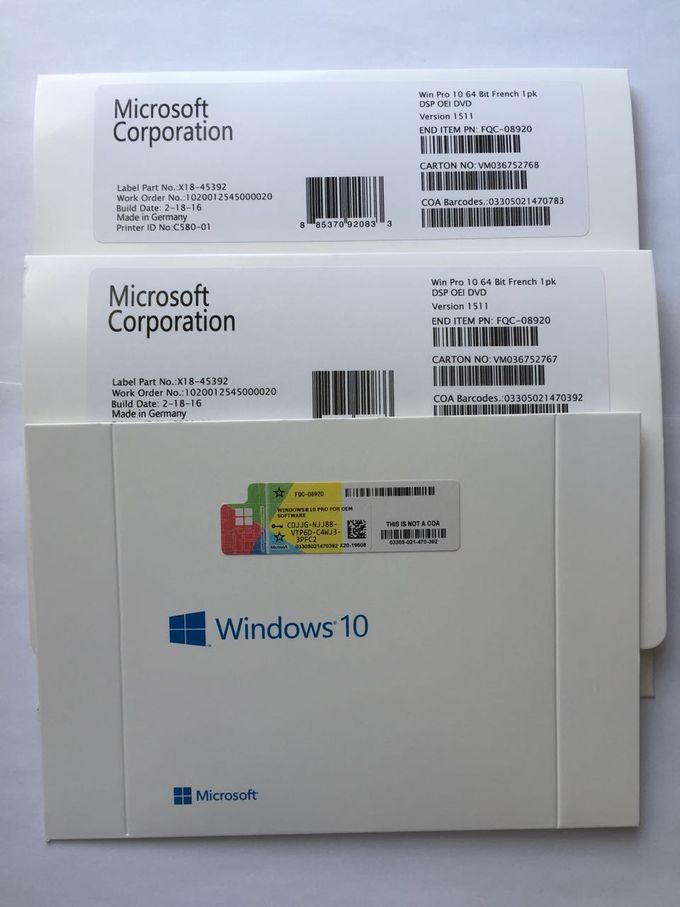 Chave profissional do OEM de MS Windows 10, franceses do bocado DVD de Windows 10 pro versão de 64